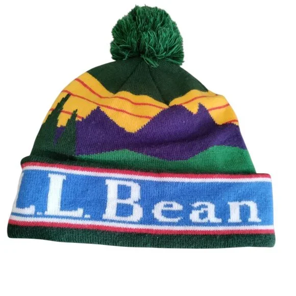 L.L. Bean Beanie Pom Hat Mountain Spellout OSFA Winter Ski - Picture 1 of 4